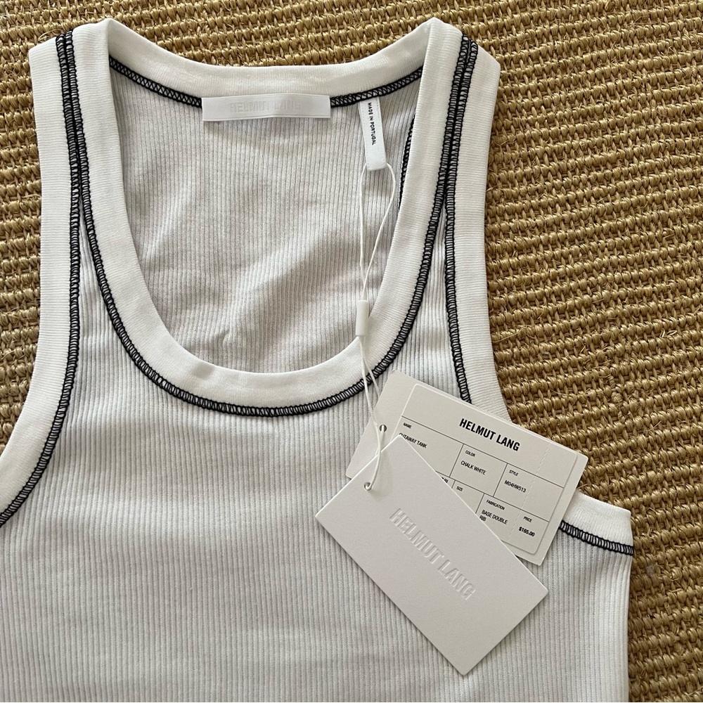 Helmut Lang White Ribbed Tank with Black Contrast Stitching